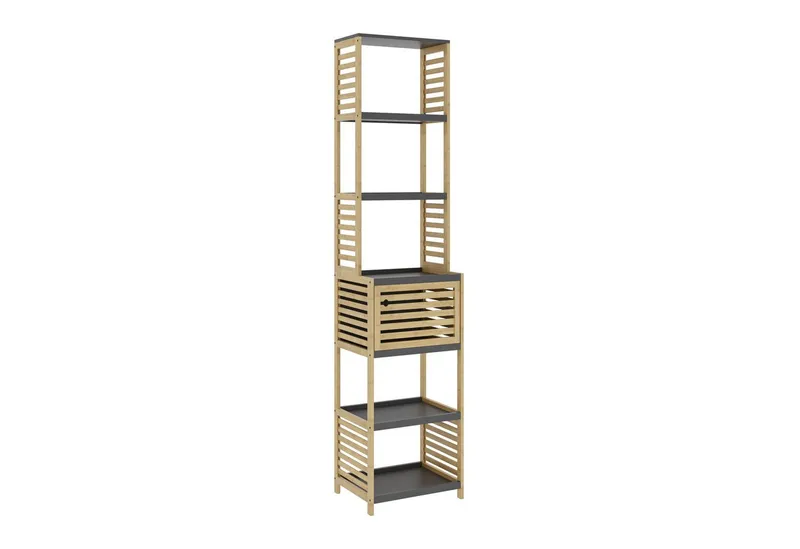 en.casa Badregal, »Kydesby« 170 x 39 x 30 cm 1 Tür 5 offene Fächer Bambus Natur/Grau, Beige|grau, – Produktbild 4 von 5
