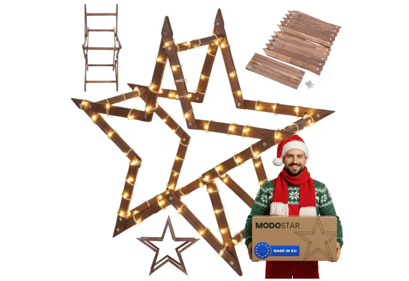 Modo24 Dekostern DIY MODOSTAR Weihnachtsstern Set aus FSC Holz 2D und 3D in 3 Breiten, zum Garten & Terrasse, wetterfest, faltbar & stabil, Weihnachtsdeko, Braun, – Produktbild 6 von 6
