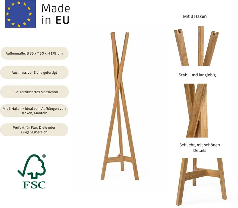 Home affaire Garderobenständer Clift, Kleiderständer, Dielenmöbel, (Made in Europe), im skandinavian Design, aus Eiche massiver Eiche, FSC®, Gelb, – Produktbild 3 von 5