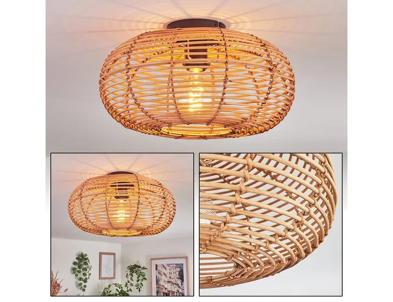 hofstein Deckenleuchte »Messerotti« runde Deckenlampe aus Bambus/Metall in Natur/Schwarz, ohne Leuchtmittel, Leuchte im Boho Design mit tollem Lichteffekt, Ø40cm, 1xE27, Beige, – Produktbild 3 von 5