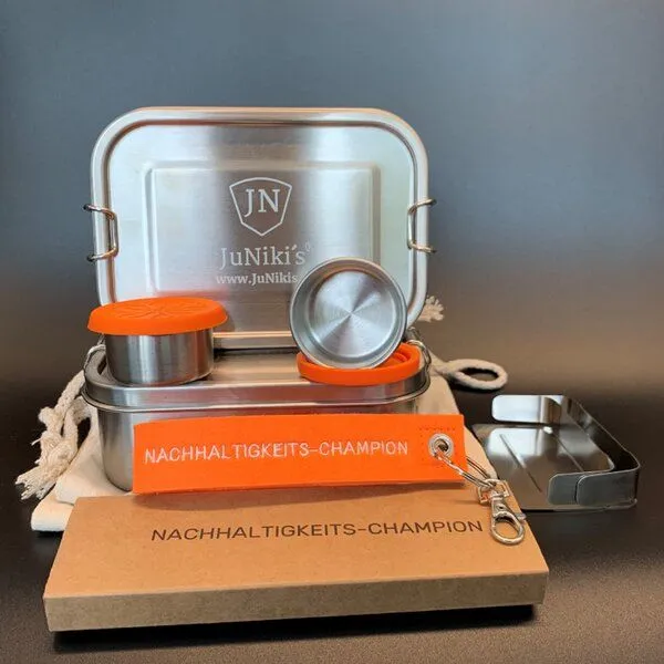 JN JuNiki's JN JuNiki's 2-er Set: je 2 JuNiki´s® eco line Edelstahl Lunchbox Brotdose + Trenner + Dipper + 1 Filzschlüsselanhänger "Nachhaltigkeitschampion" als Gratiszugabe – Produktbild 1 von 4