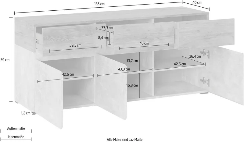 Home affaire Lowboard Rimini, Breite 135 cm, Weiß, – Produktbild 5 von 8