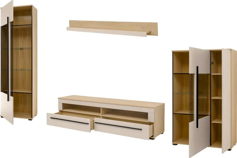 Home affaire Wohnwand Cantara, Anbauwand, Wohnzimmer-Set, in Eiche Evoke, Weiß oder Kaschmir, (Set, 4-St), enthält zwei Vitrinen, ein Lowboard und ein Wandboard, Braun, – Produktbild 3 von 8