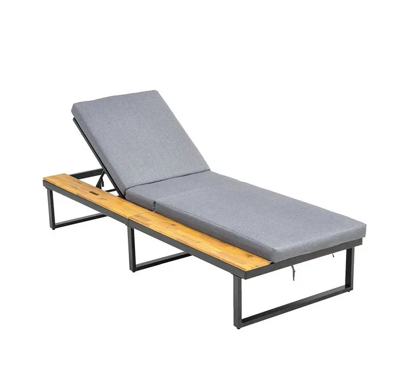 acamp Relaxliege Sonnenliege mit Polsterauflage, verstellbar, Stahl wetterfest, Ablage, Set 2 Teile, Gartenliege 200x75 cm, 8 cm Polster, Holzablage klappbar, Rostschutz, Grau, – Produktbild 2 von 4