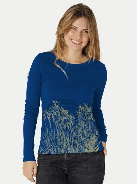 Peaces.bio - handbedruckte Biomode Peaces.bio - handbedruckte Biomode Langarmshirt Damen Mystic Iris, Königsblau, – Produktbild 2 von 2