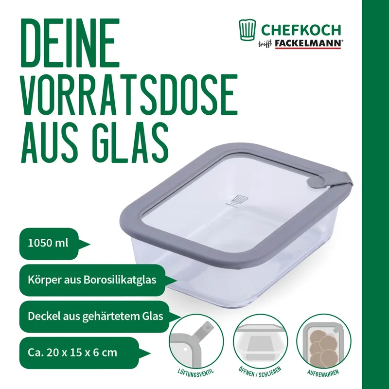 Chefkoch trifft Fackelmann Chefkoch trifft Fackelmann Vorratsdose Glas, eckig, 1050ml – Produktbild 3 von 3