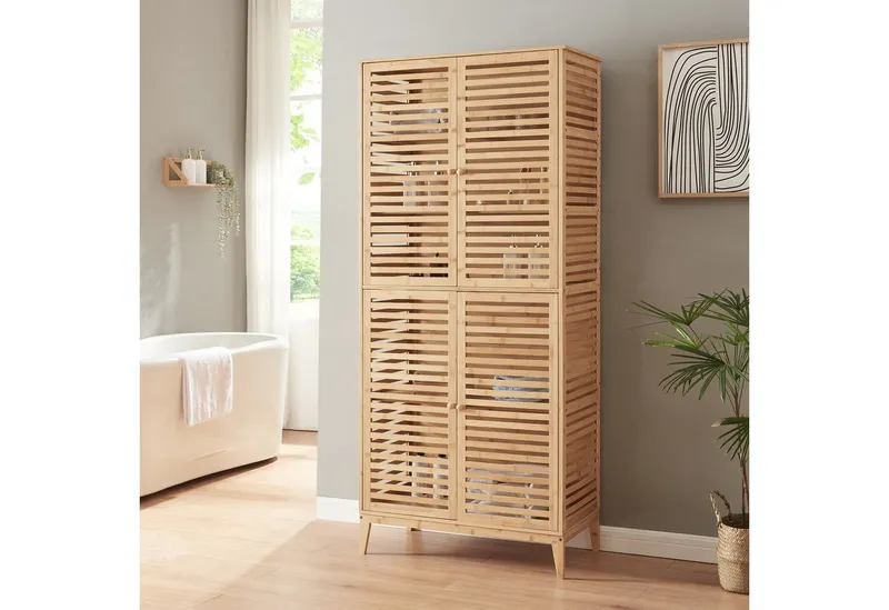 en.casa Mehrzweckschrank Badezimmerschrank »Raurgela« 180x80x40 cm Bambus, Beige, – Produktbild 2 von 4
