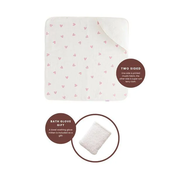 Bebekevi Bebekevi Baby Kapuzenbadetuch 75 × 75 cm aus Musselin & Frottee | Weiche Musselin-Innenseite | inkl. Waschhandschuh | Gemustert, Naturweiß herzen, – Produktbild 3 von 4