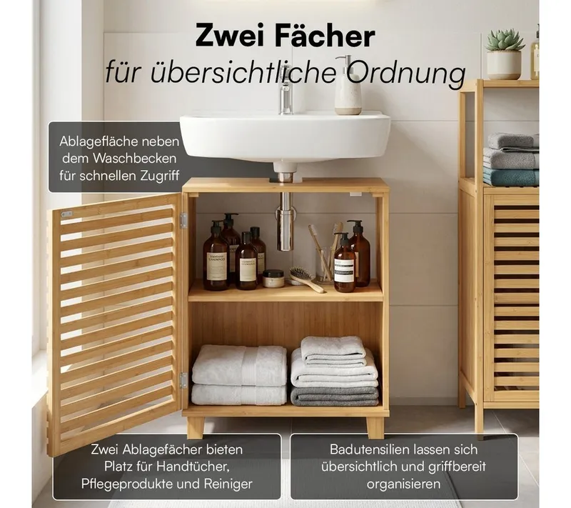 Bellamio Waschbeckenunterschrank Newa, Badezimmerschrank mit zwei Ablagefächern (mit Flügeltüren, 1-St) aus natürlichem Bambus, robst und langlebig, Braun, – Produktbild 8 von 8