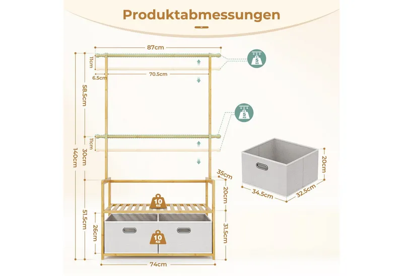 OUNUO Garderobenständer Garderobe Kleiderständer Bambus mit Ablagen und Schublade – Produktbild 2 von 5