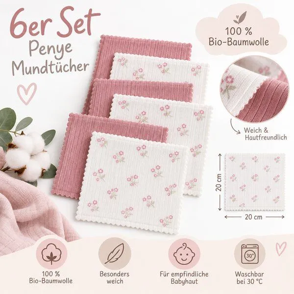 bistyle bistyle Baby Spucktücher 6er Set | 20 x 20 cm | 100 % Bio-Baumwolle | mit kleinen Motiven, Ecru/rose, – Produktbild 3 von 4