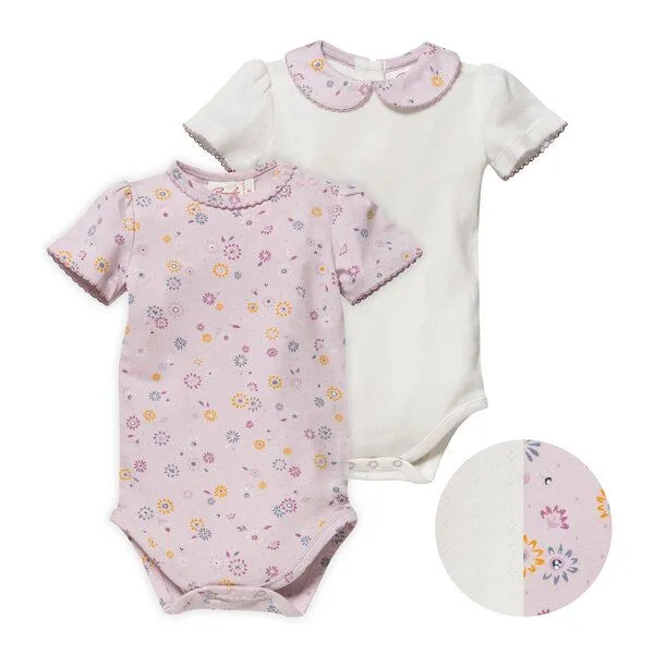 People Wear Organic People Wear Organic Kurzarm-Body-Doppelpack, weiße Ajour-Baumwolle (bio) mit Kragen & blass violett bedruckt mit Frühlingsblumen – Produktbild 1 von 3