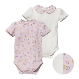 People Wear Organic People Wear Organic Kurzarm-Body-Doppelpack, weiße Ajour-Baumwolle (bio) mit Kragen & blass violett bedruckt mit Frühlingsblumen – Produktbild 1 von 1