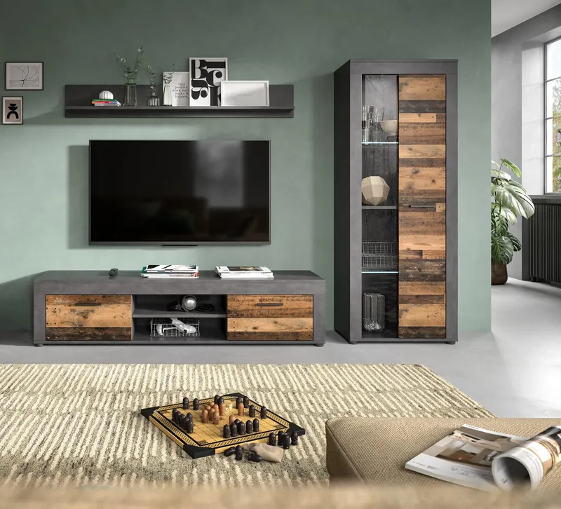 OTTO home Wohnwand AOSTA, Breite 235cm, 3-teilige Wohn-Kombination, (3-St., bestehend aus: Lowboard, Wandboard, Vitrine), Wohnwand, Kombination, Anbauwand, Möbel Set, Schrankwand, Möbel Kombi, Grau, – Produktbild 1 von 4