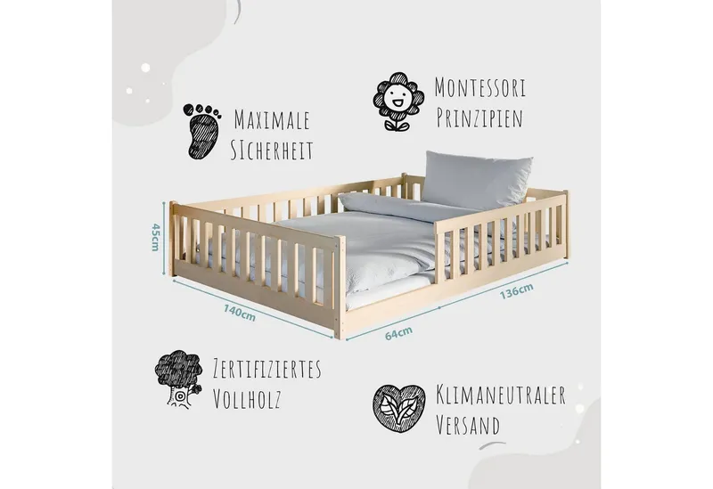 Kids Collective Kinderbett Bodenbett Bett mit Rausfallschutz & Lattenrost Montessori Bett Kinder (Jungen, Mädchen, Kinder, weitere Größen 80x160, 80x180, 90x190, 90x200, 120x200 cm), Jugendbett Gitterbett Einzelbett mit Matratze, Natur 140x200 cm, Beige, – Produktbild 3 von 5