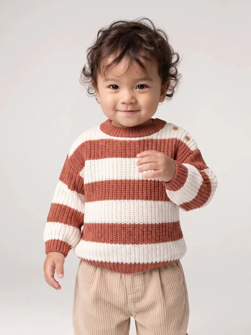 Vertbaudet Gestreifter Baby Strickpullover, Terrakotta, – Produktbild 1 von 4