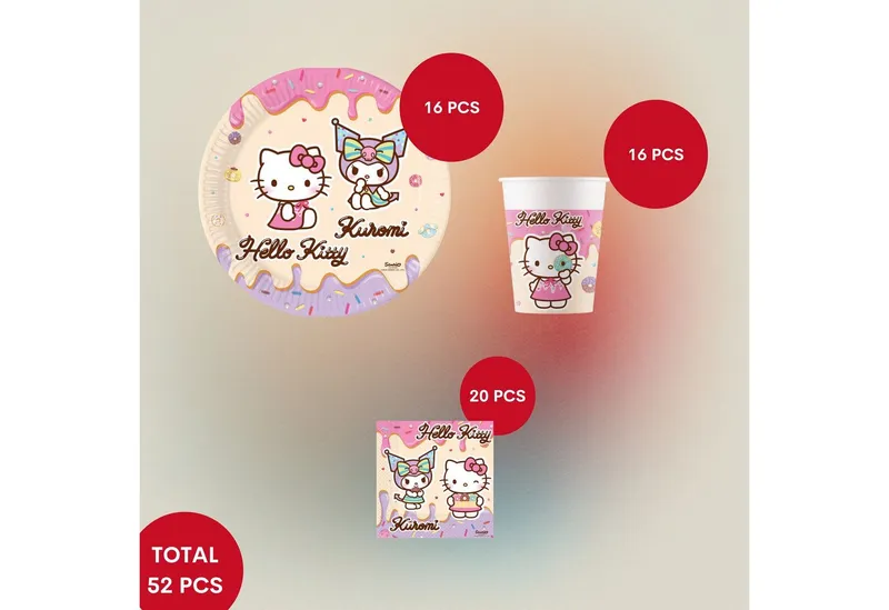 Procos Einweggeschirr-Set Hello Kitty Partygeschirr Set 52-tlg Kindergeburtstag Teller Becher, 16 Personen, Bunt, – Produktbild 2 von 4