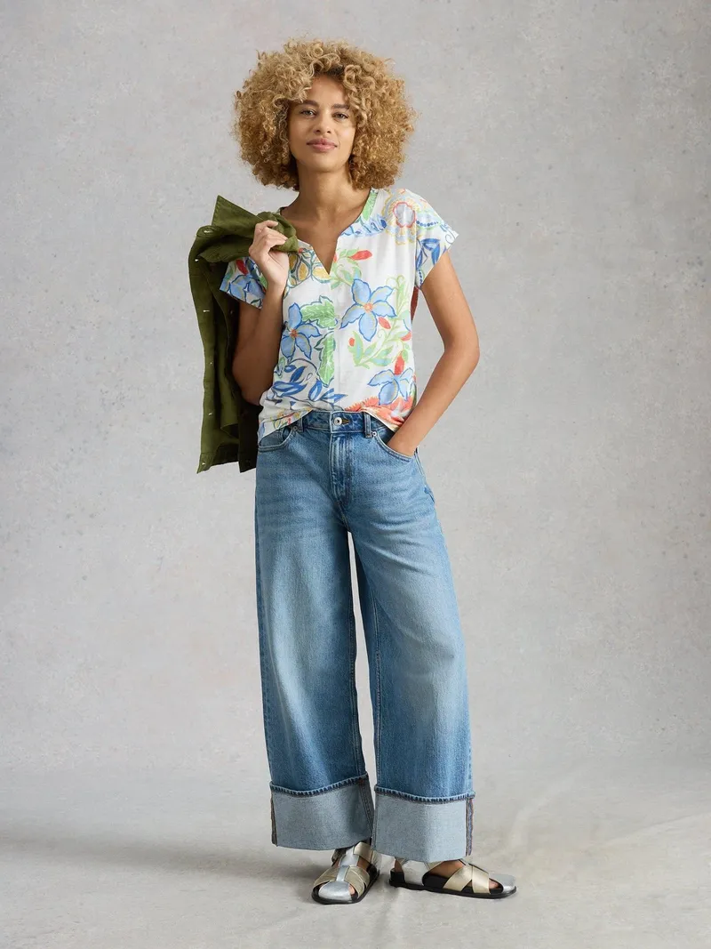 White Stuff T-Shirt Nelly mit Keilausschnitt - 44, Elfenbein multi, – Produktbild 2 von 4
