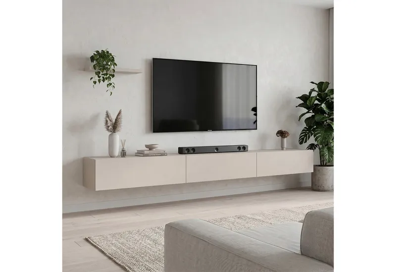 Planetmöbel TV-Schrank West TV-Board, Fernsehtisch 300 cm lang, TV-Lowboard (für Fernseher bis 85 Zoll, TV Schrank viel Stauraum, sideboard hängend, Fernsehschrank 3x 100 x 30 x 37,5 cm) kaschmir, Beige, – Produktbild 1 von 5