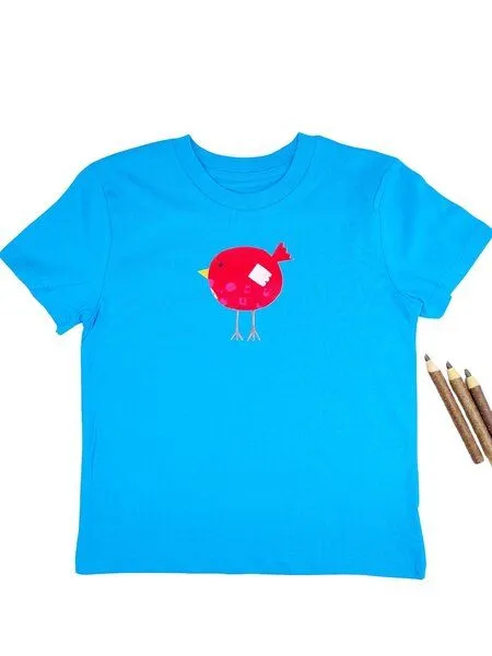 MelaDi Meladi Kinder Shirt aus Biobaumwolle - Roter Vogel auf Aqua Blue – Produktbild 1 von 5
