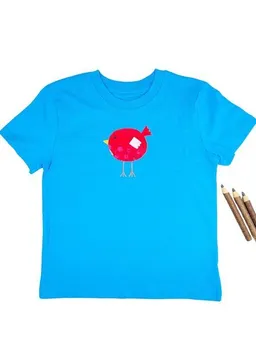 MelaDi Meladi Kinder Shirt aus Biobaumwolle - Roter Vogel auf Aqua Blue – Produktbild 1 von 1