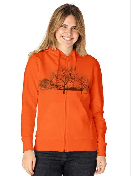 Peaces.bio - handbedruckte Biomode Peaces.bio - handbedruckte Biomode Zip-Hoodie Landscape Damen, Orange, – Produktbild 2 von 2