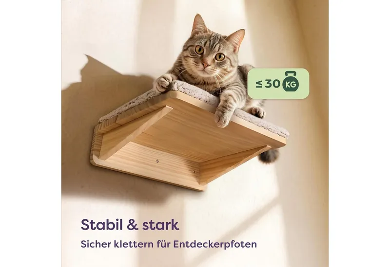 Knupis Kratzbaum Katzen Kletterwand Set mit Katzenbett & 2X Katzentreppe - Kiefernholz, Stabile Wandliege bis 30 kg – Für Spielspaß & Gemütlichkeit - FSC®, Beige, – Produktbild 5 von 5