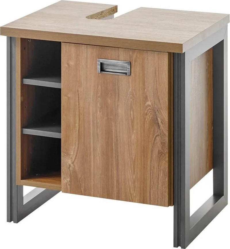 Home affaire Waschbeckenunterschrank Detroit, Waschtisch mit Apothekergriff, Badschrank im Industrialdesign Eiche Dekor, mit offenen Fächern & Stauraum, Breite 61 cm, Braun, – Produktbild 2 von 5
