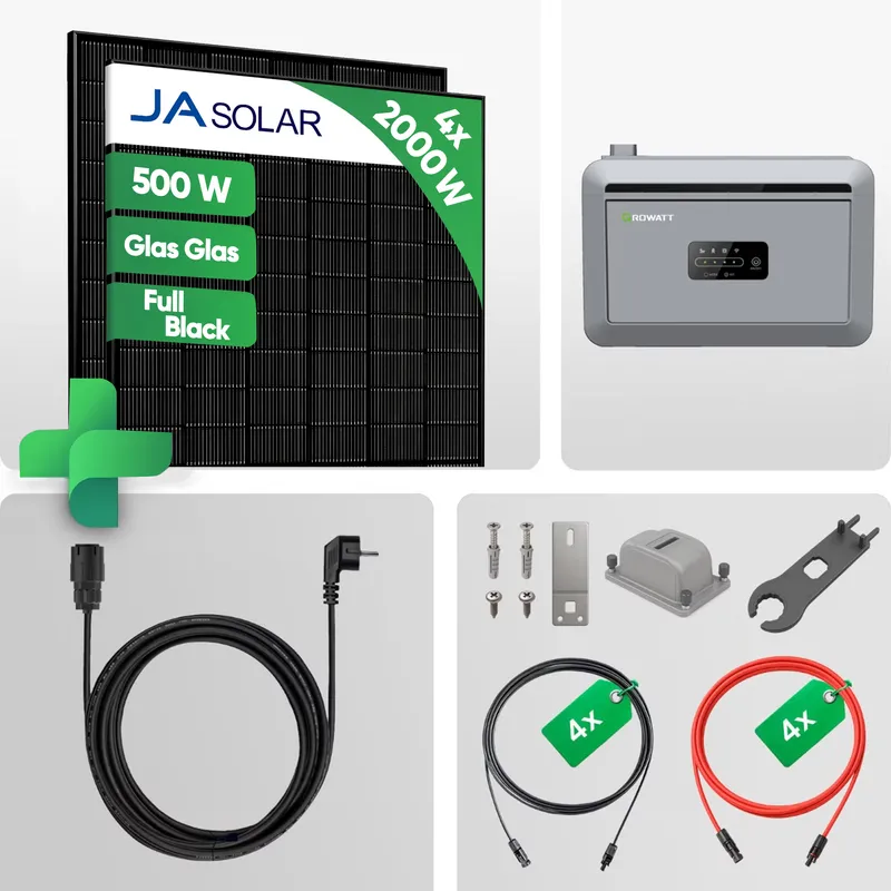 Growatt Balkonkraftwerk 2000W mit NEXA 2000 Speicher 2 kWh | Mini PV Anlage Steckdose | JA Solar 500W Glas-Glas Bifacial Full Black Module - inkl. 0 % MwSt. für Privatkunden – Produktbild 1 von 5