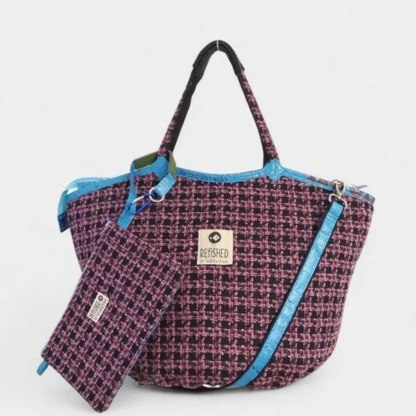 REFISHED fair fashion e.U. REFISHED fair fashion e.U. SOULMATE TWEED ZIP Tasche, #tweed zip lila-schwarz / #fish blau-aqua im set mit bag-in-bag (s), – Produktbild 1 von 1