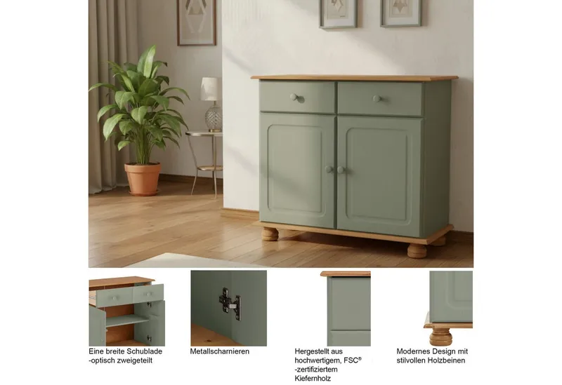 OTTO home Sideboard Mette Kommode mit 2 Türen & 1 Schubladen, die optisch geteilt ist, Kommode mit gefrästen, kugelförmigen Füßen, 2 Türen und 1 Schublade, Beige, – Produktbild 4 von 5