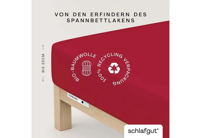 Schlafgut Schlafgut Spannbettlaken CASUAL Bettlaken 100% gekämmte Bio-Baumwolle, 150 g/m², Spannbetttuch, Jersey, Gummizug: rundum, (1 Stück), Bettlaken bis 25 cm Höhe, langlebig, weich, Antipilling-Ausrüstung, Rot, – Produktbild 2 von 5