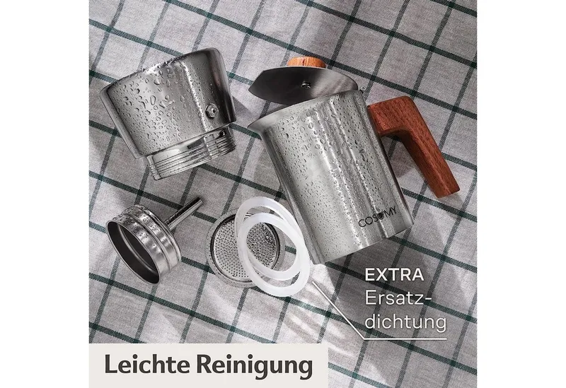 Cosumy Espressokocher, Induktionsgeeignet, FSC-zertifiziertes Eichenholz, Silberfarben, – Produktbild 5 von 5