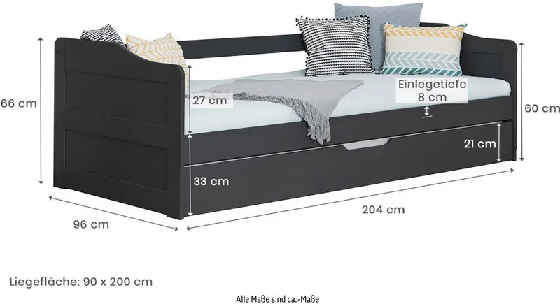 TICAA TICAA Funktionsbett Melinda, Daybett, Jugendbett, 2 Schlafplätze, Schublade auf Rollen, FSC®-zertifizierte Kiefer, 2 Rollroste, Massivholz, Grau, – Produktbild 5 von 5