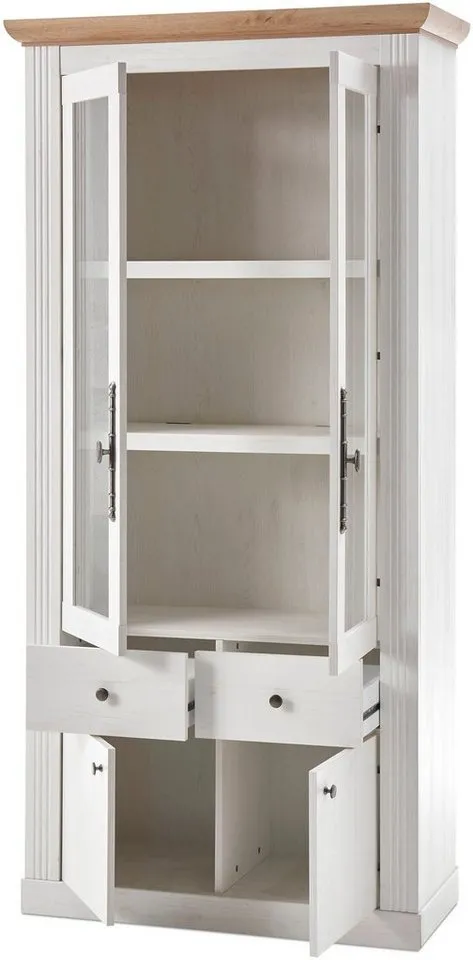 OTTO home Wohnwand Westminster, Anbauwand im Landhausstil, Komplettset, Wohnzimmer-Set, (Set, 3-St), Set besteht aus 1 Vitrine, 1 Lowboard und 1 Wandregal, Weiß, – Produktbild 5 von 5