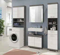 Inn.Furn Waschmaschinenumbauschrank Shawn (Waschmaschinenschrank weiß und grau Rauchsilber, für Geräte 60 cm) Hochglanz – Produktbild 1 von 1