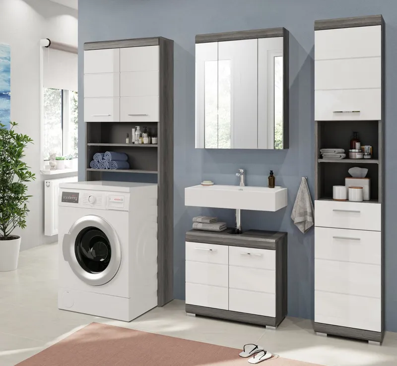 Inn.Furn Waschmaschinenumbauschrank Shawn (Waschmaschinenschrank weiß und grau Rauchsilber, für Geräte 60 cm) Hochglanz, Weiß, – Produktbild 1 von 5