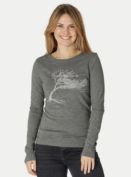 Peaces.bio - handbedruckte Biomode Peaces.bio - handbedruckte Biomode Bio-Damen-Langarmshirt Windy Tree, Dunkelgrau, – Produktbild 3 von 3