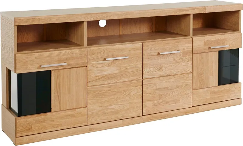 OTTO home Sideboard RIBE20 Fronten massiv,Korpus Melamin, 2 Türen mit Glaseinsatz, B/T/H: 180/35/80cm, 3 offene Fächer und 6 geschlossene, Braun, – Produktbild 4 von 5