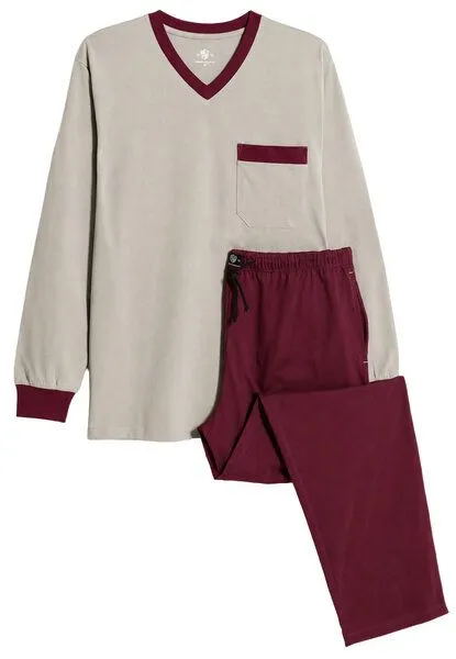Haasis Bodywear Haasis Bodywear Herren Pyjama V-Ausschnitt, Bio Baumwolle, Sandgrau/merlot, – Produktbild 1 von 3