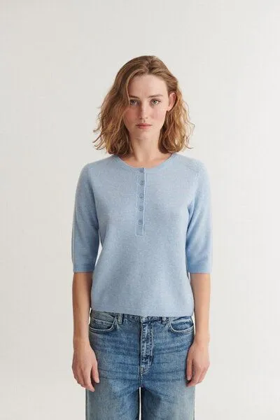 Basic Apparel Basic Apparel Strickshirt mit Knopfleiste SELEM Granddad aus Merinowolle, Hellblau-light-blue, – Produktbild 2 von 4