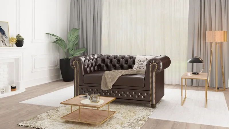 S-Style Möbel Chesterfield-Sofa Jeff, 2-Sitzer aus veganem Leder mit Holzfüßen, mit Wellenfederung, Braun, – Produktbild 1 von 4