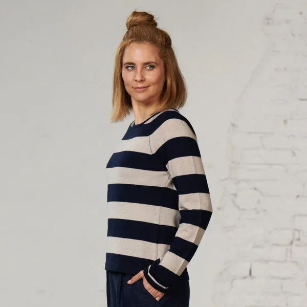 CON_STANT CON_STANT Streifen Strickpulli 100% Merinowolle (kbT), Ringel creme / darkblue, – Produktbild 2 von 4