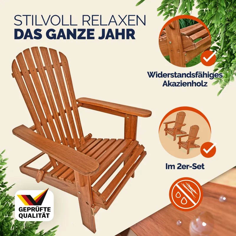 Casaria® Liegestuhl Adirondack 2er-Set Akazienholz klappbar, Braun, – Produktbild 2 von 2