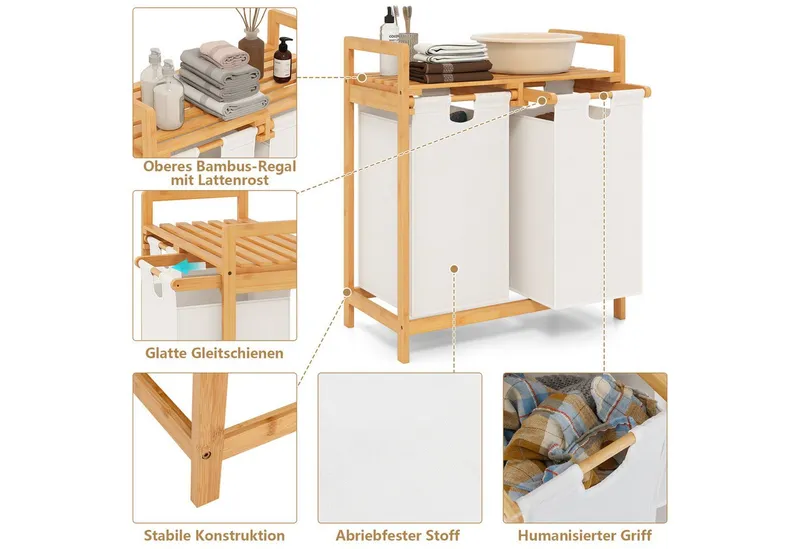 COSTWAY COSTWAY Wäschekorb, 2 Fächer Bambus, mit Ablage, ausziehbare Wäschesäcke, Weiß, – Produktbild 2 von 4