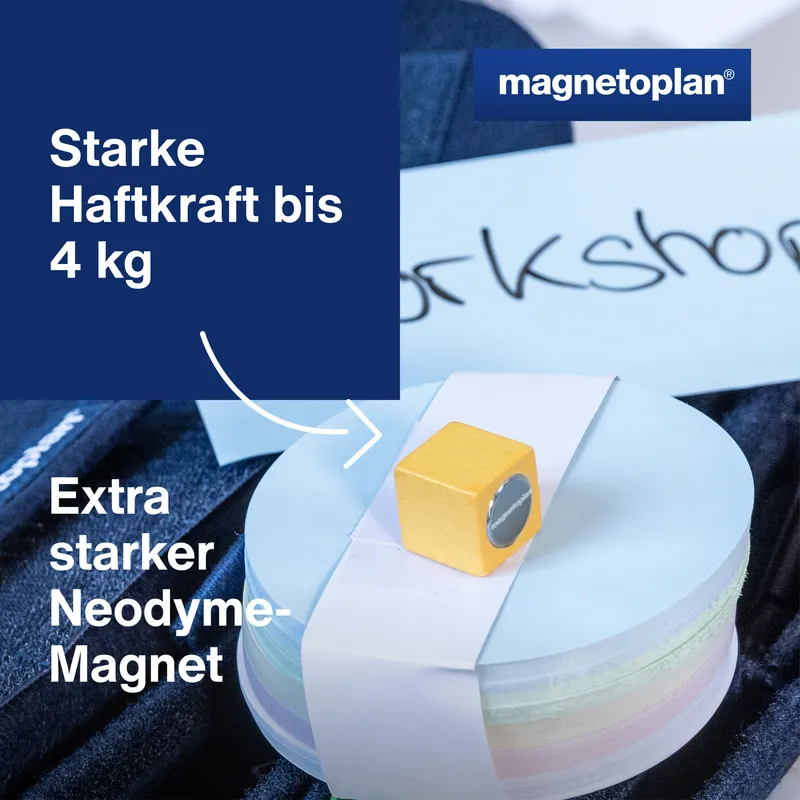 magnetoplan magnetoplan Design-Magnete "Wood Series Cube" 20 x 20 x 20 mm, 4 Stk. farbig sortiert – Produktbild 1 von 4