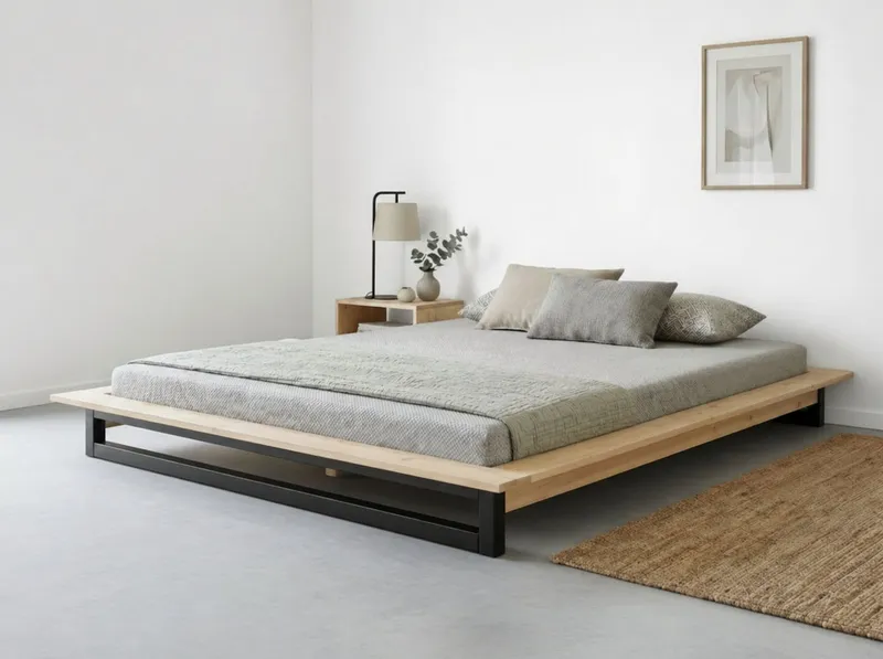 OTTO home Futonbett Kobe, Massivholzbett aus Kiefer im Industrial Design, 200 KG belastbar (Liegefläche 140x200cm), stabiles Kufengestell, rundum Ablagefläche, FSC, Made in Europe, Beige|schwarz, – Produktbild 2 von 5