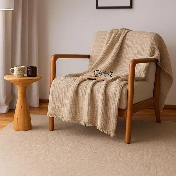 Sandiik Sandiik Musselin Plaid Natural 100 × 200 cm, Dunkelbeige, – Produktbild 1 von 4