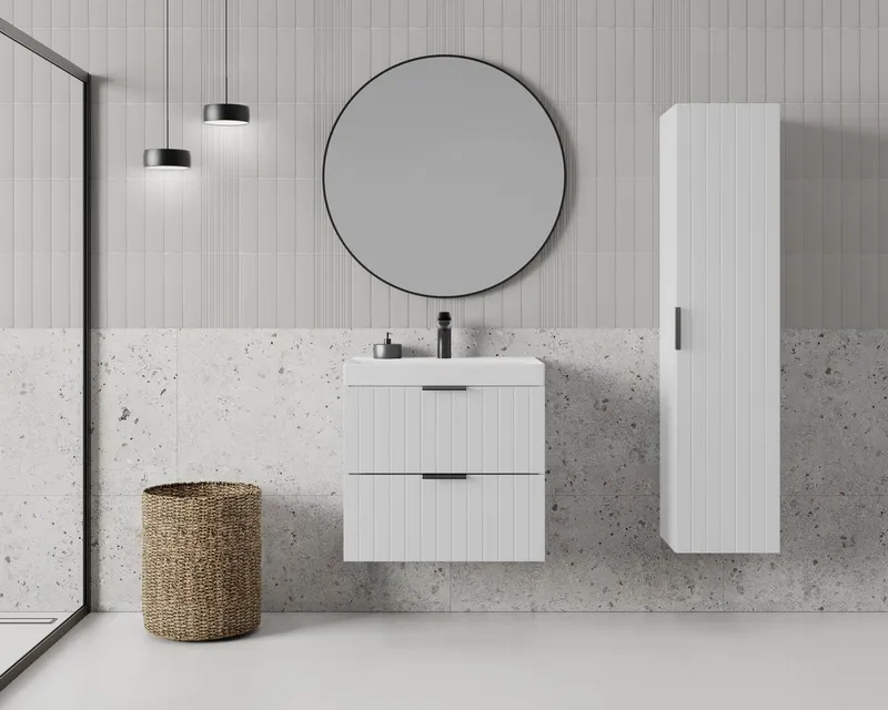 welltime Waschtisch HARMONY mit Waschbecken, Breite 60 oder 80cm, modernes Design, Schrank mit 2 Schubladen, Soft-Close-Function, Paneeloptik, Weiß, – Produktbild 3 von 6