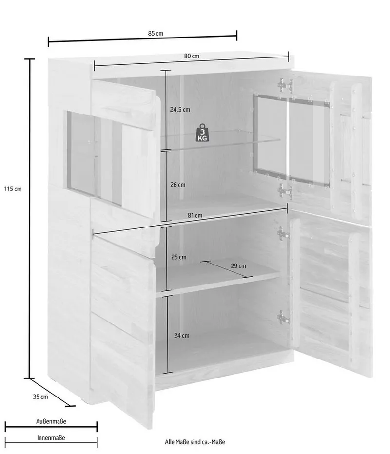 OTTO home Highboard Ribe,85cm breit,115cm hoch, Fronten Massivholz,4 breite Fächer, Korpus Holzwerkstoff,2Türen mit Glaseinsatz, Böden versetzbar, Braun, – Produktbild 5 von 5